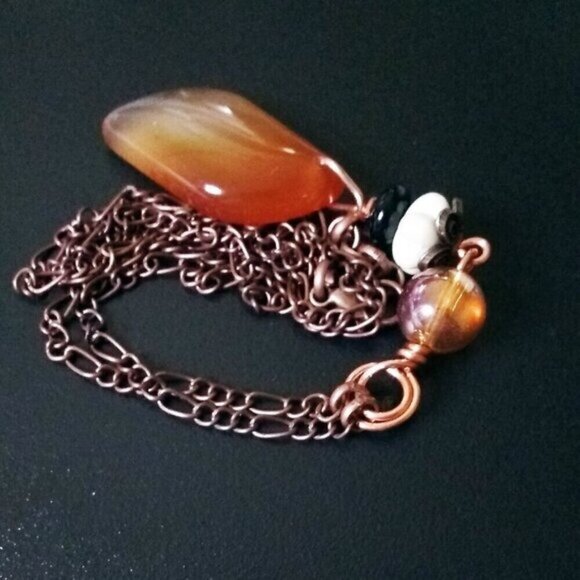 Gorgeous & Unique! Tangerine Agate Beaded Stack Pendant & Copper Figaro Chain - Picture 7 of 10